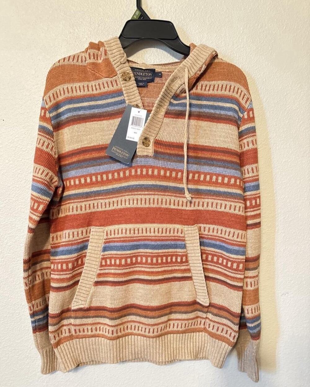 X-19 Pendleton Mens Medium Henley Striped Knit Hoodie Sweater Aztec NWT $199